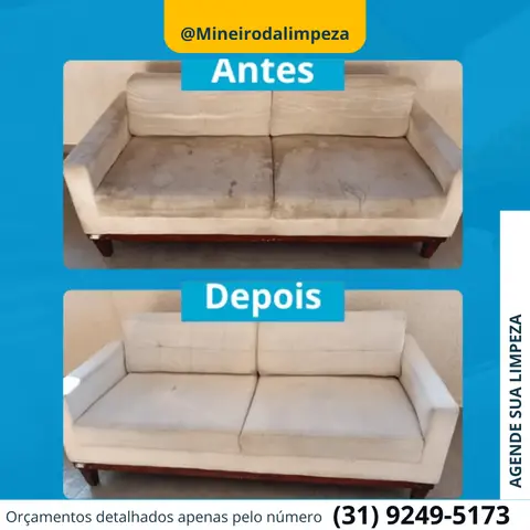Sofá de 2 lugares antes e depois da higienização em BH